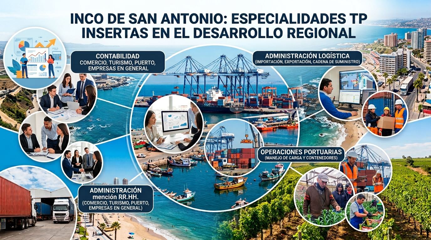 Especialidades técnico-profesionales del INCO San Antonio insertas en el desarrollo regional: Contabilidad, Administración mención Logística, Administración mención RR.HH. y Operaciones Portuarias